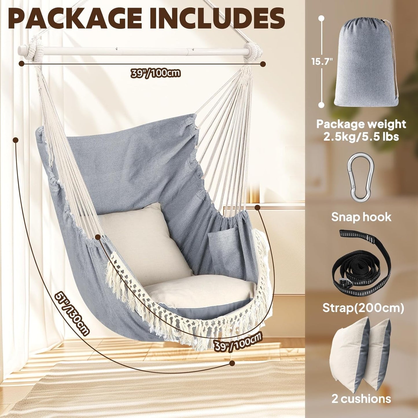 Hanging Hammock Chair Swing (Max 500 Lbs) *Cushions Included*