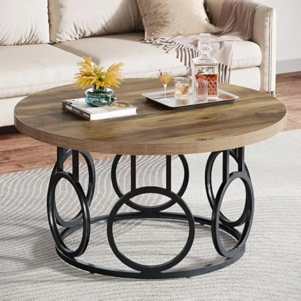31.5-Inch round Coffee Table, Rustic Circle Coffee Table with Metal Base, Modern Wooden Accent Furniture, Industrial Design, Fo