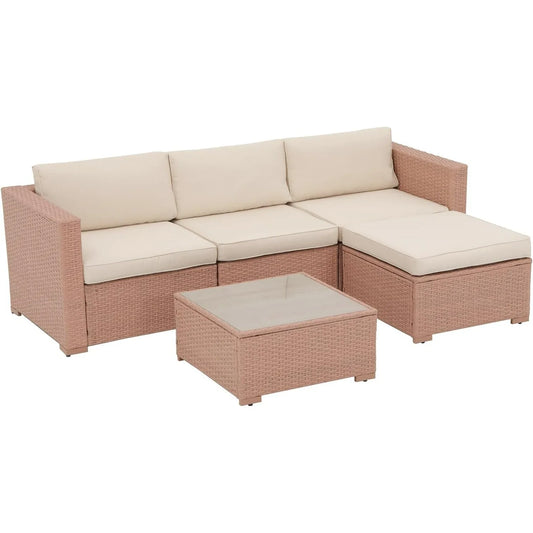 5 Piece Outdoor Patio Furniture Set, Creamy White PE Wicker with Cushy Seat Cushions, Ideal for Balcony, Garden, Patio