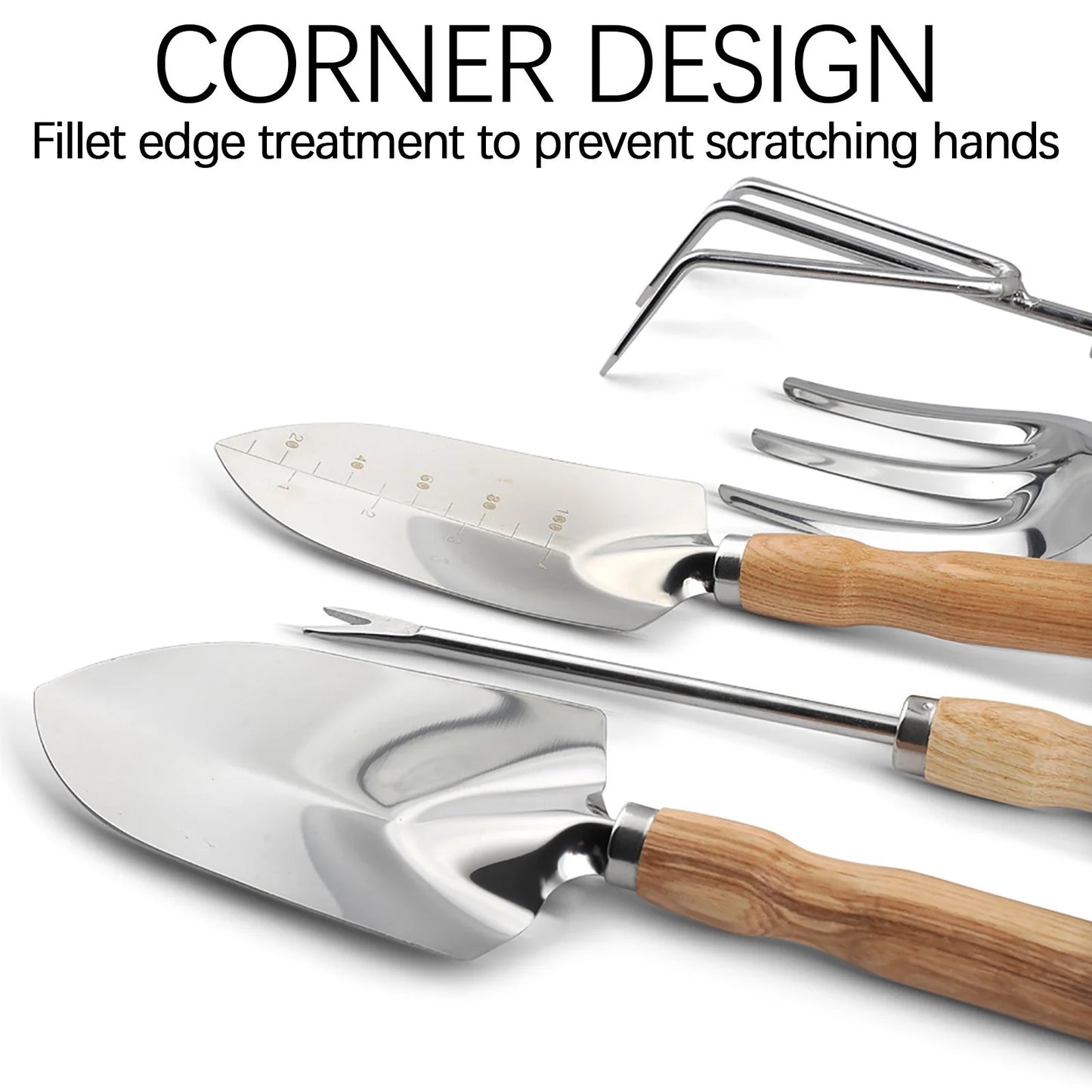 Home and Garden Outdoor Equipment Wooden Handle Stainless Steel Garden Planting Tools for Growing Vegetables Growing Flowers and Pulling Weeds Household Sharp Shovel Rake