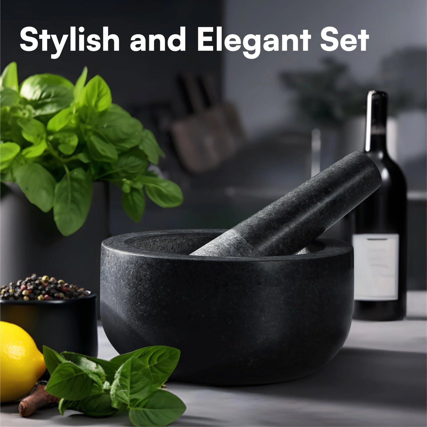 H&S Mortar and Pestle Set - Large Premium Solid Granite Stone Grinder Set