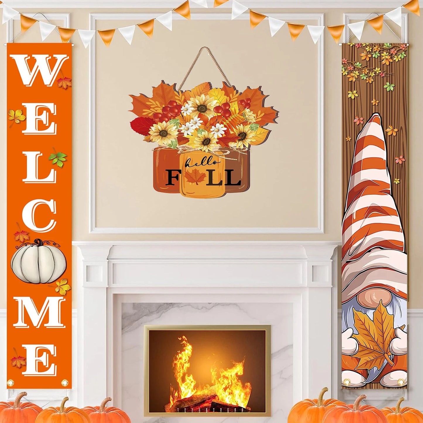 Wooden Front Door Fall Harvest Leaf Pumpkin Decoration