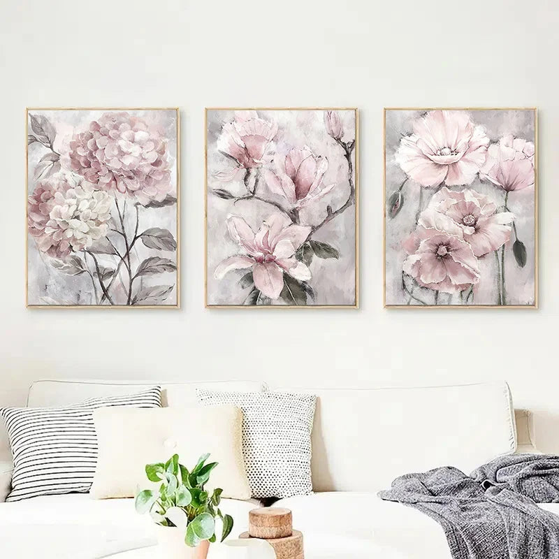 3Pcs Pink Flowers Posters Frameless Wall Art Canvas Prints Floral Nordic Paintings Home Decor Pictures for Living Room