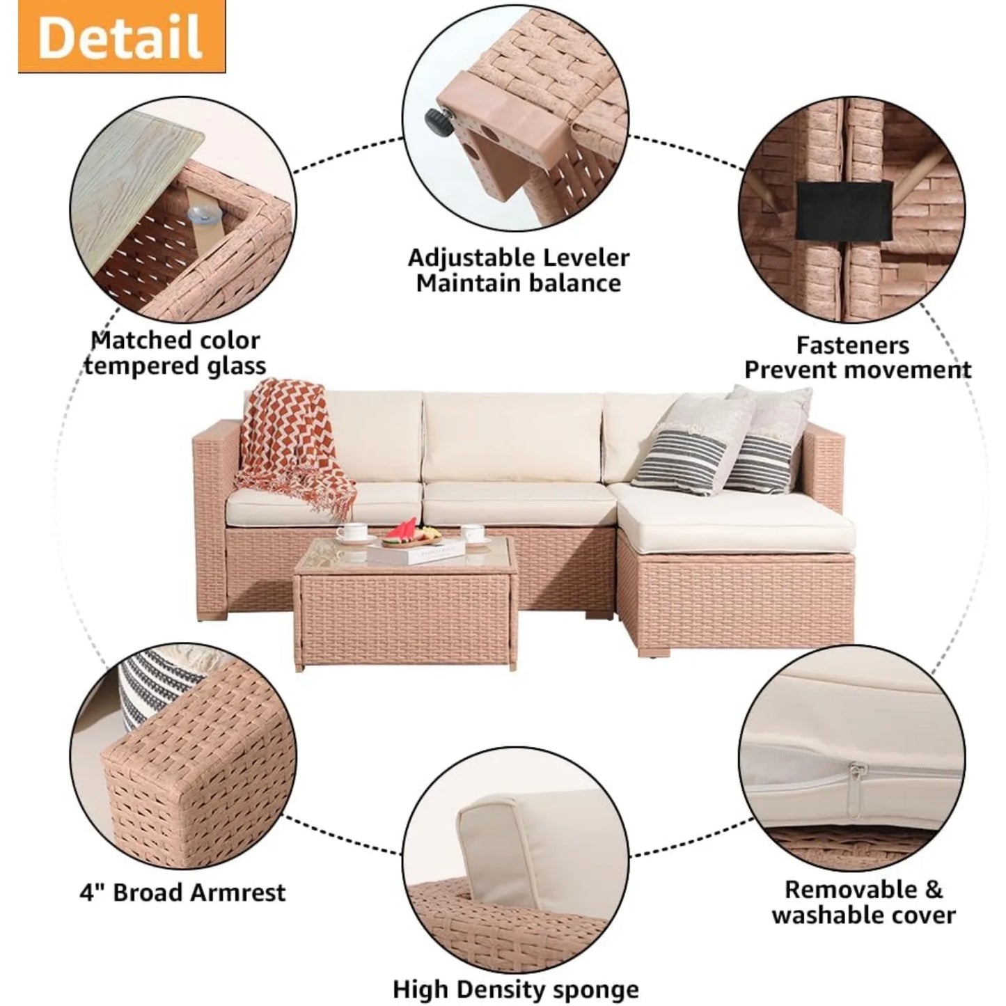 5 Piece Outdoor Patio Furniture Set, Creamy White PE Wicker with Cushy Seat Cushions, Ideal for Balcony, Garden, Patio