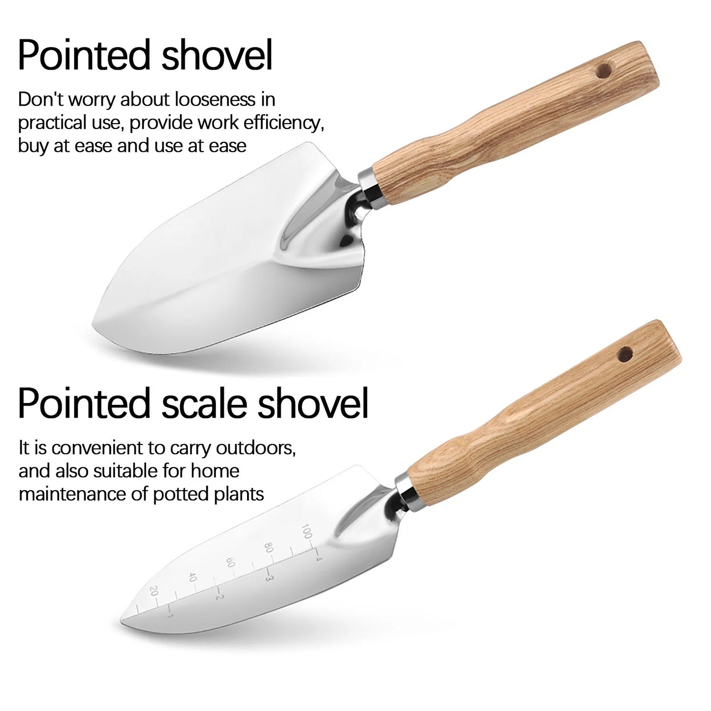 Home and Garden Outdoor Equipment Wooden Handle Stainless Steel Garden Planting Tools for Growing Vegetables Growing Flowers and Pulling Weeds Household Sharp Shovel Rake