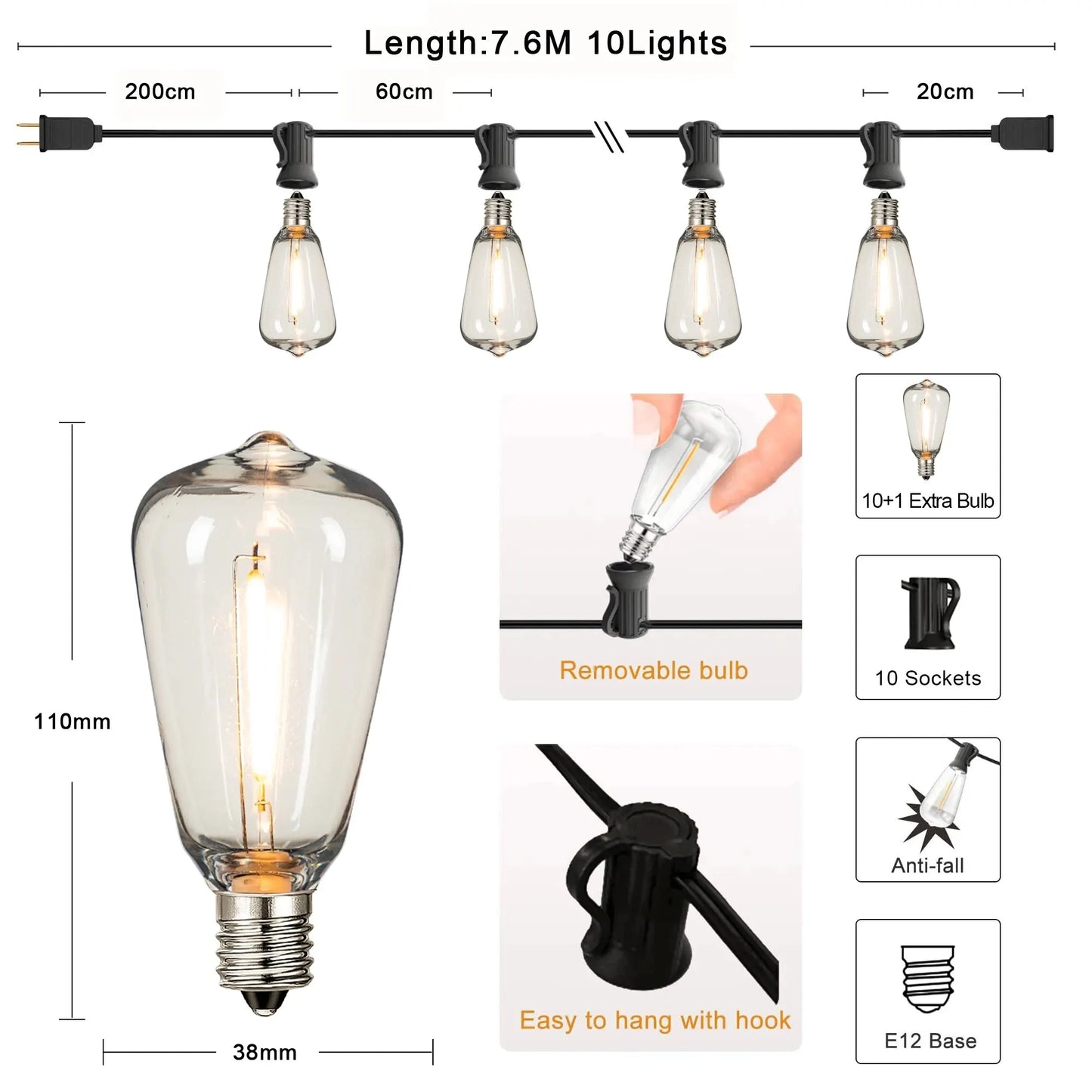 ST38 Outdoor Connectable String Lights - Shatterproof, Waterproof Plastic LED Bulbs, Dimmable Fairy Lights for Patio and Garden Decor