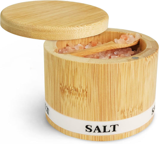 Salt Box Bamboo Salt Container with Swivel Lid and Spoon Small Spice Cellar with Label 8 Oz Capacity Salt Holder for Countertop with Magnetic to Easy Open and Seal