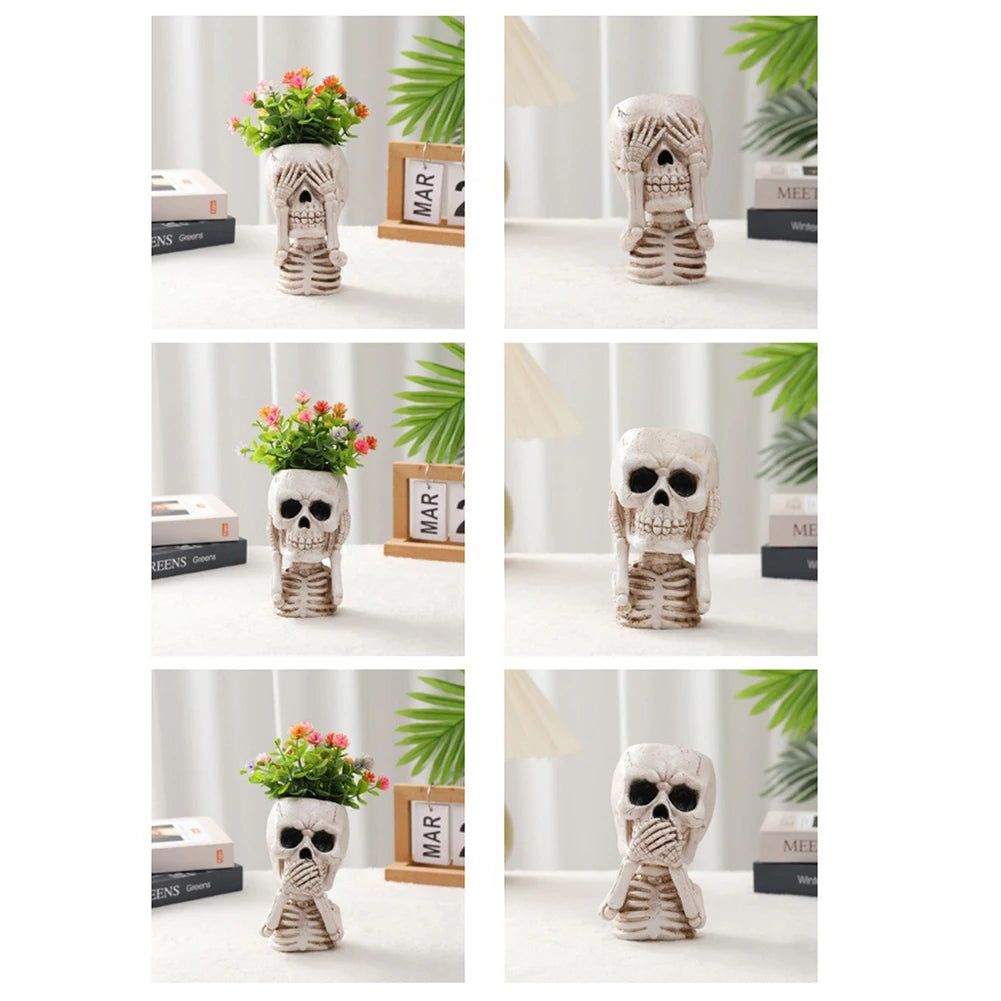 Skull Head Flower Pots Gothic Skeleton Planter Container Office Planter Succulent Plant Organizer Halloween Tabletop Ornament