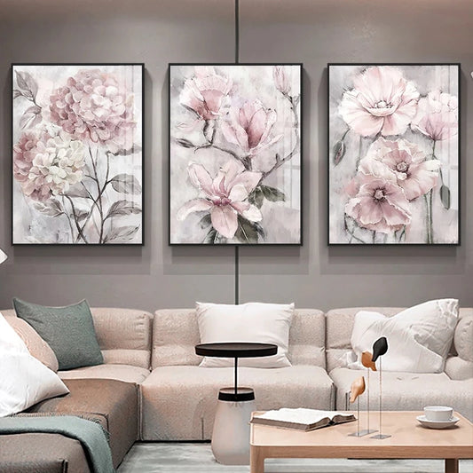 3Pcs Pink Flowers Posters Frameless Wall Art Canvas Prints Floral Nordic Paintings Home Decor Pictures for Living Room