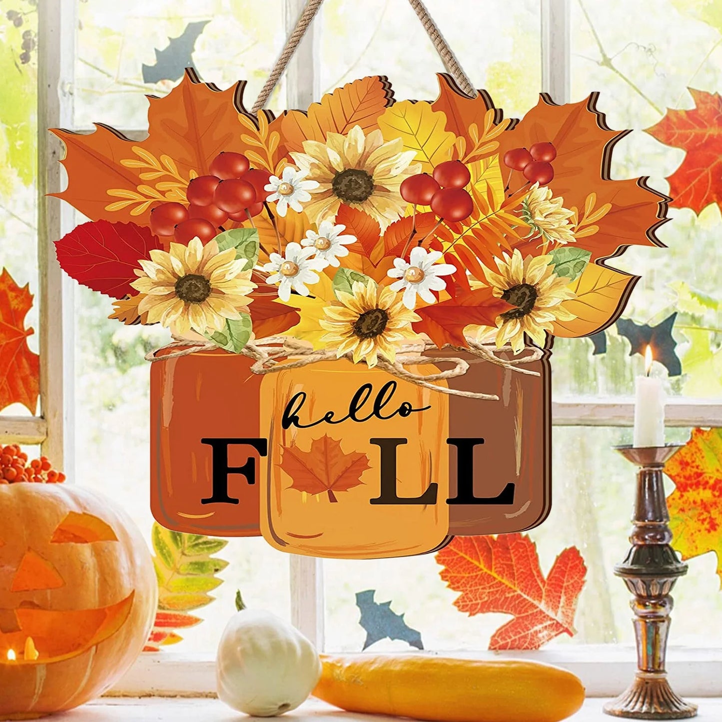 Wooden Front Door Fall Harvest Leaf Pumpkin Decoration