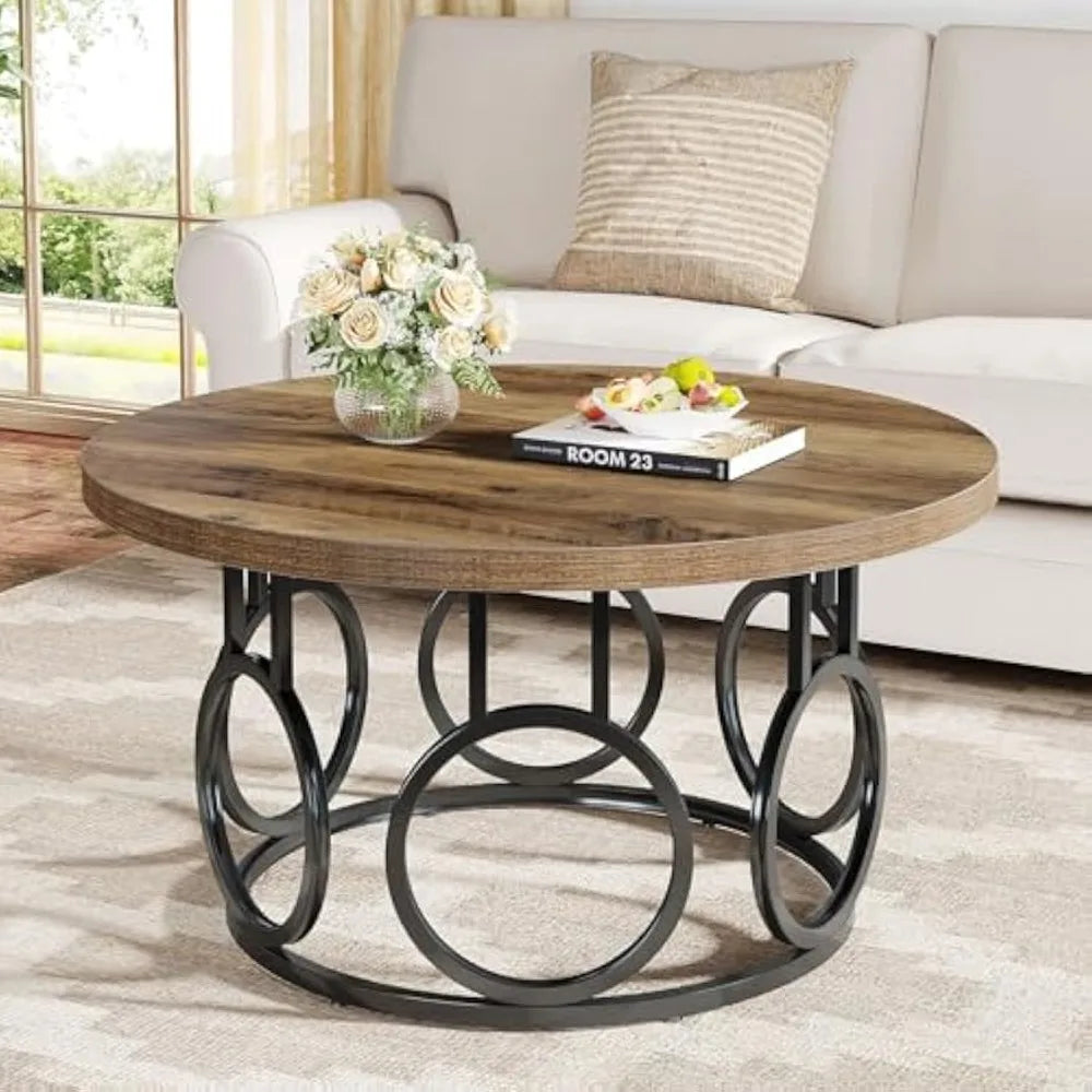 31.5-Inch round Coffee Table, Rustic Circle Coffee Table with Metal Base, Modern Wooden Accent Furniture, Industrial Design, Fo
