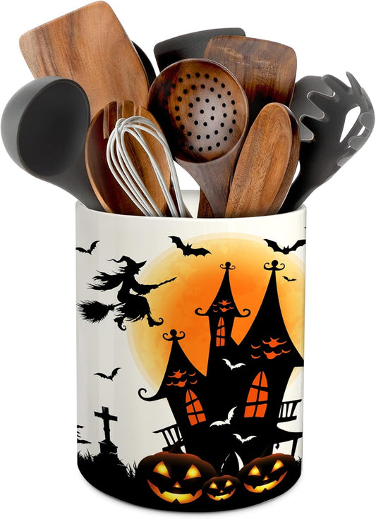 Halloween Kitchen Decor Ceramic Utensil Holder, Cute Halloween Witch Castle Uten
