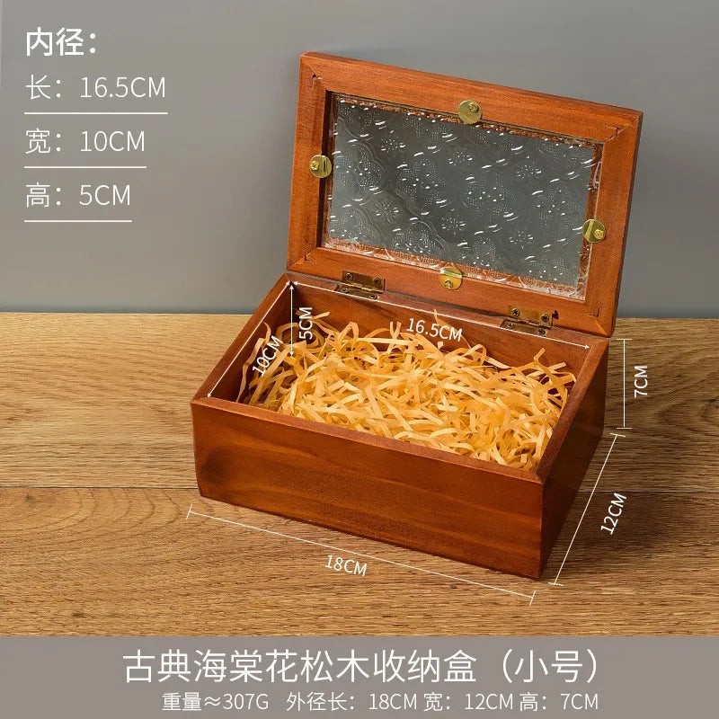 Vintage Wooden Storage Box Rectangular Glass Lid