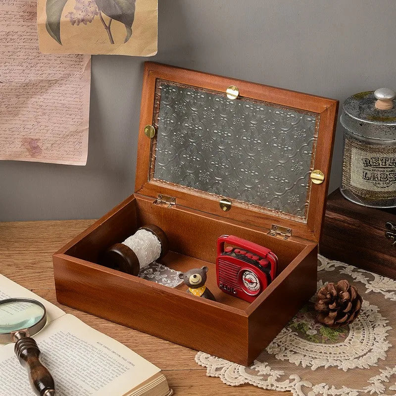 Vintage Wooden Storage Box Rectangular Glass Lid