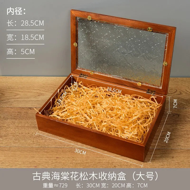 Vintage Wooden Storage Box Rectangular Glass Lid