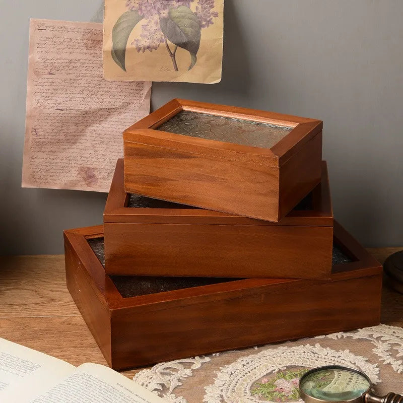 Vintage Wooden Storage Box Rectangular Glass Lid