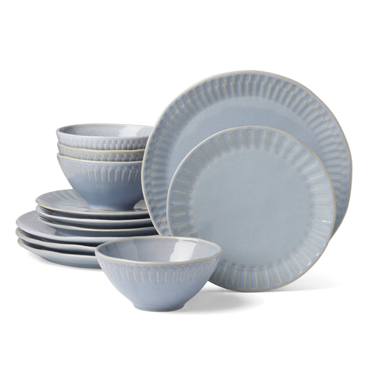 12-Piece Artisanal Blue Stripe Stoneware Tableware Set