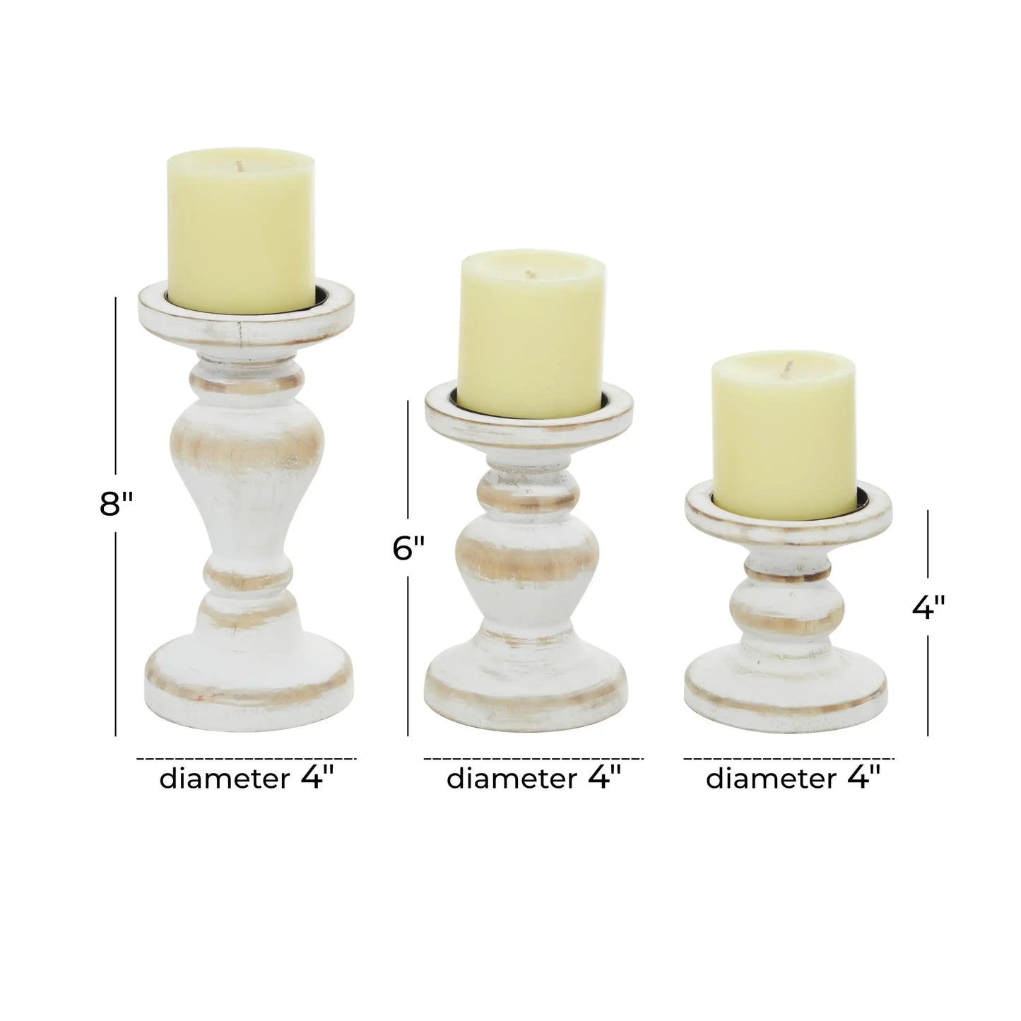Farmhouse White Washed Wooden Curved Pillar Candle Holders Set of 3, 8", 6", 4"