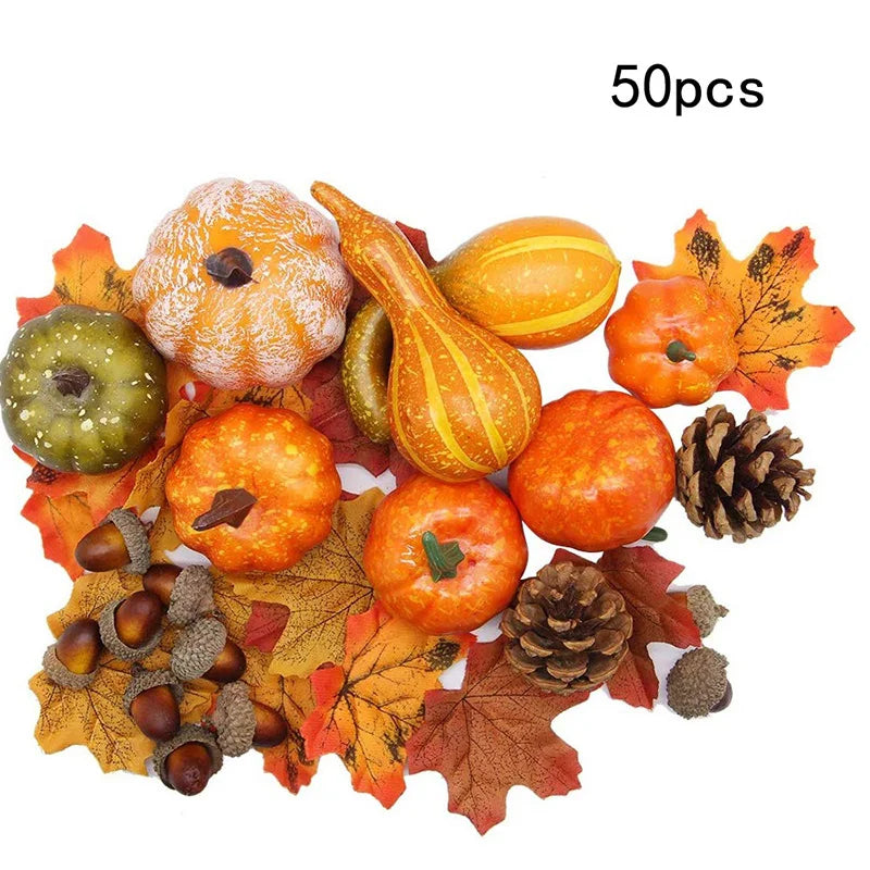 50 Pcs Mini Pumpkin, Gourd, Acorn, Berries, Leaf Fall Harvest Decorations