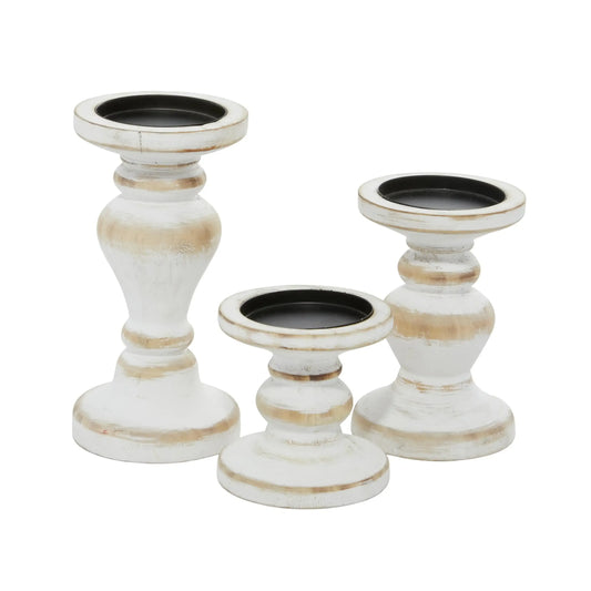 Farmhouse White Washed Wooden Curved Pillar Candle Holders Set of 3, 8", 6", 4"
