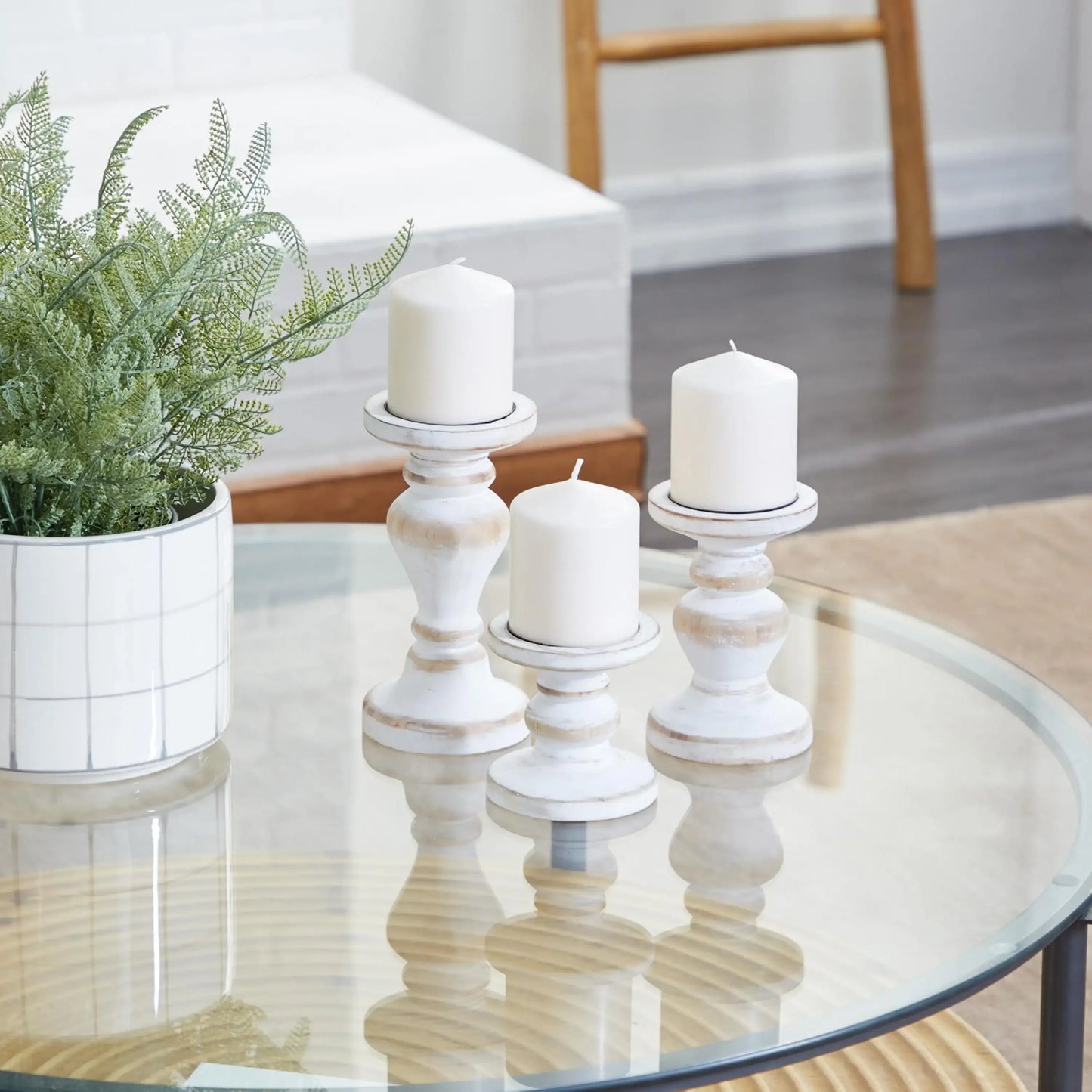 Farmhouse White Washed Wooden Curved Pillar Candle Holders Set of 3, 8", 6", 4"