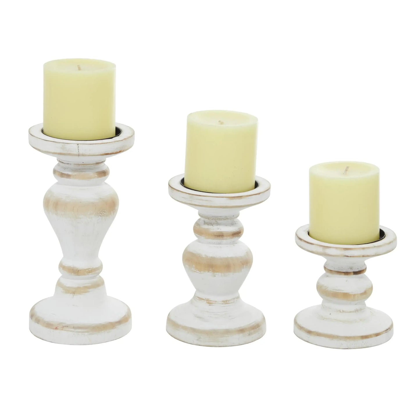 Farmhouse White Washed Wooden Curved Pillar Candle Holders Set of 3, 8", 6", 4"
