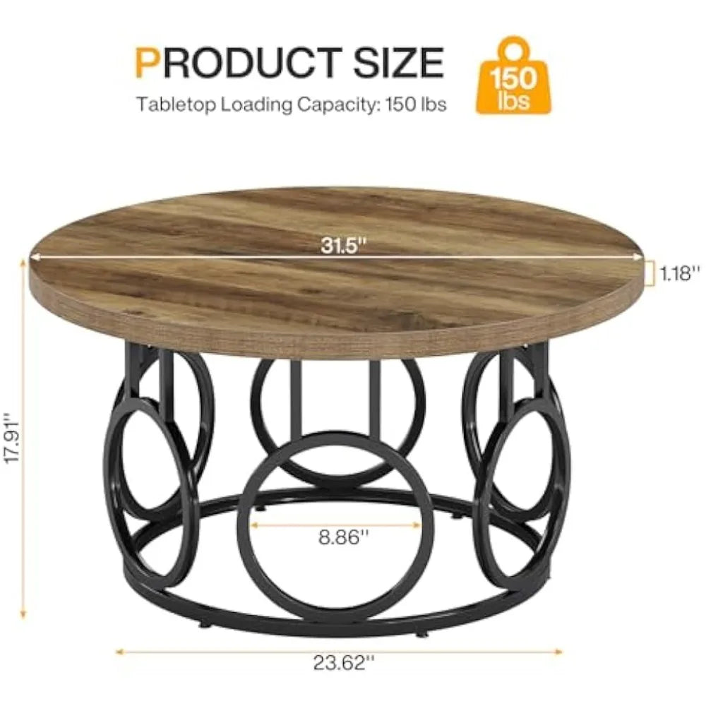 31.5-Inch round Coffee Table, Rustic Circle Coffee Table with Metal Base, Modern Wooden Accent Furniture, Industrial Design, Fo