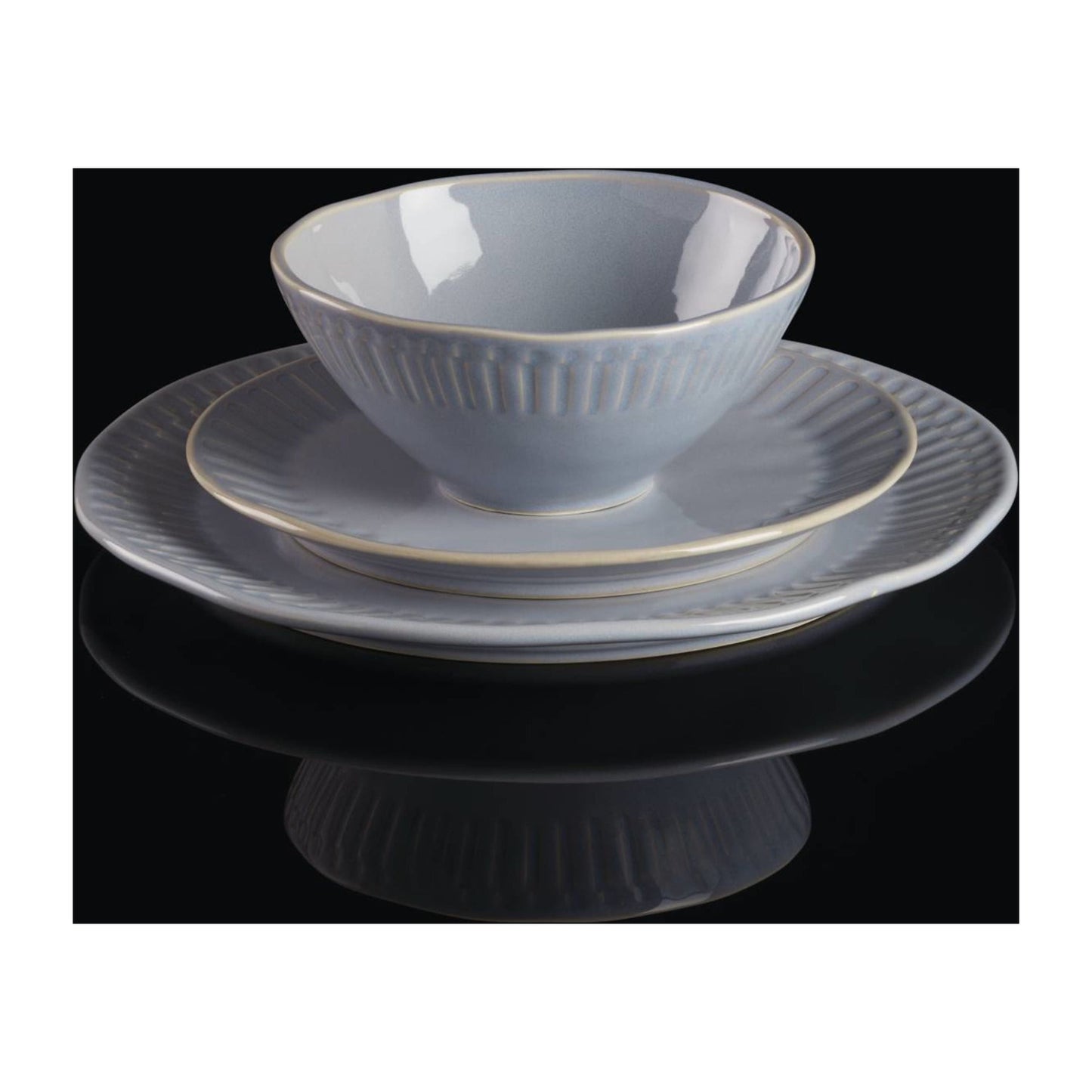 12-Piece Artisanal Blue Stripe Stoneware Tableware Set
