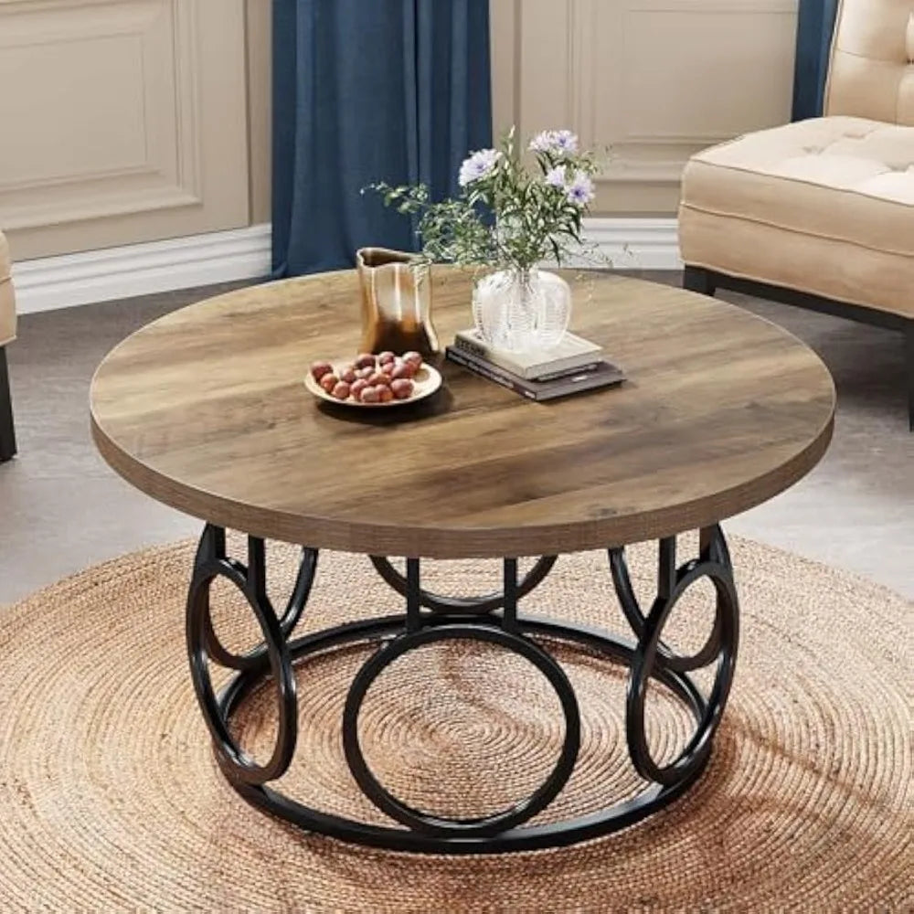 31.5-Inch round Coffee Table, Rustic Circle Coffee Table with Metal Base, Modern Wooden Accent Furniture, Industrial Design, Fo
