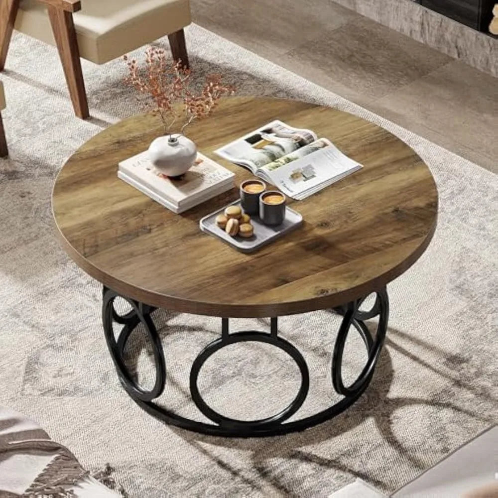 31.5-Inch round Coffee Table, Rustic Circle Coffee Table with Metal Base, Modern Wooden Accent Furniture, Industrial Design, Fo