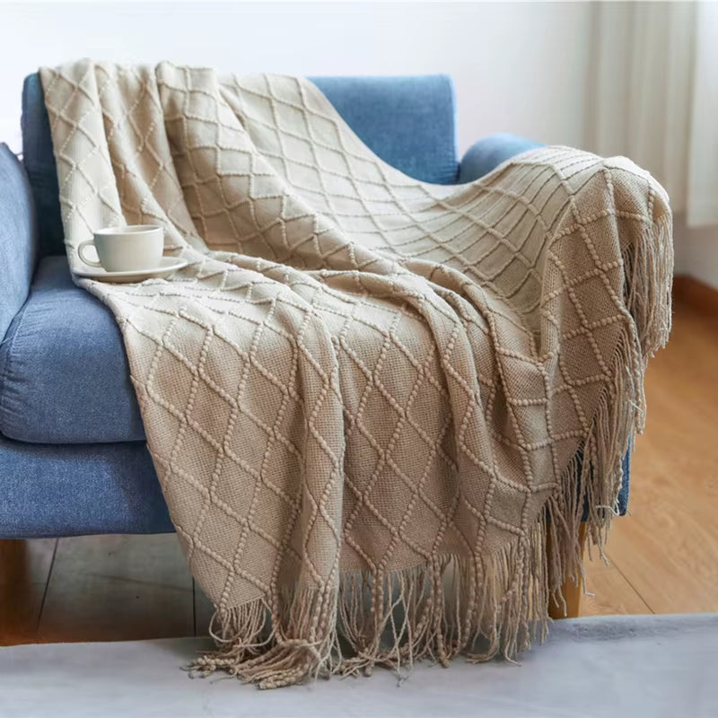 White Boho Knitted Throw Blankets