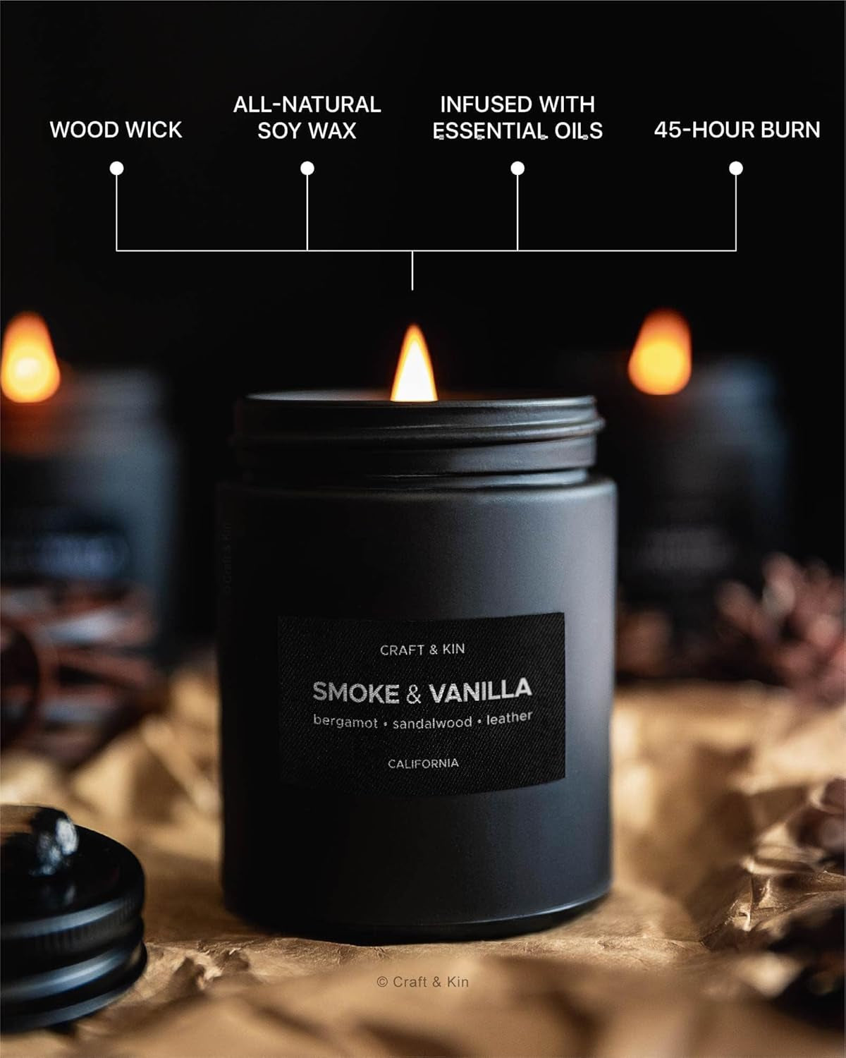 Premium Smoke & Vanilla Candle | Black Scented Candles for Men | Long Lasting with 45 Hour Burn Time, 7.6Oz | Made with Soy