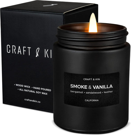 Premium Smoke & Vanilla Candle | Black Scented Candles for Men | Long Lasting with 45 Hour Burn Time, 7.6Oz | Made with Soy