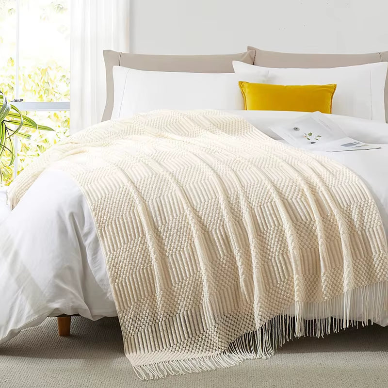 White Boho Knitted Throw Blankets