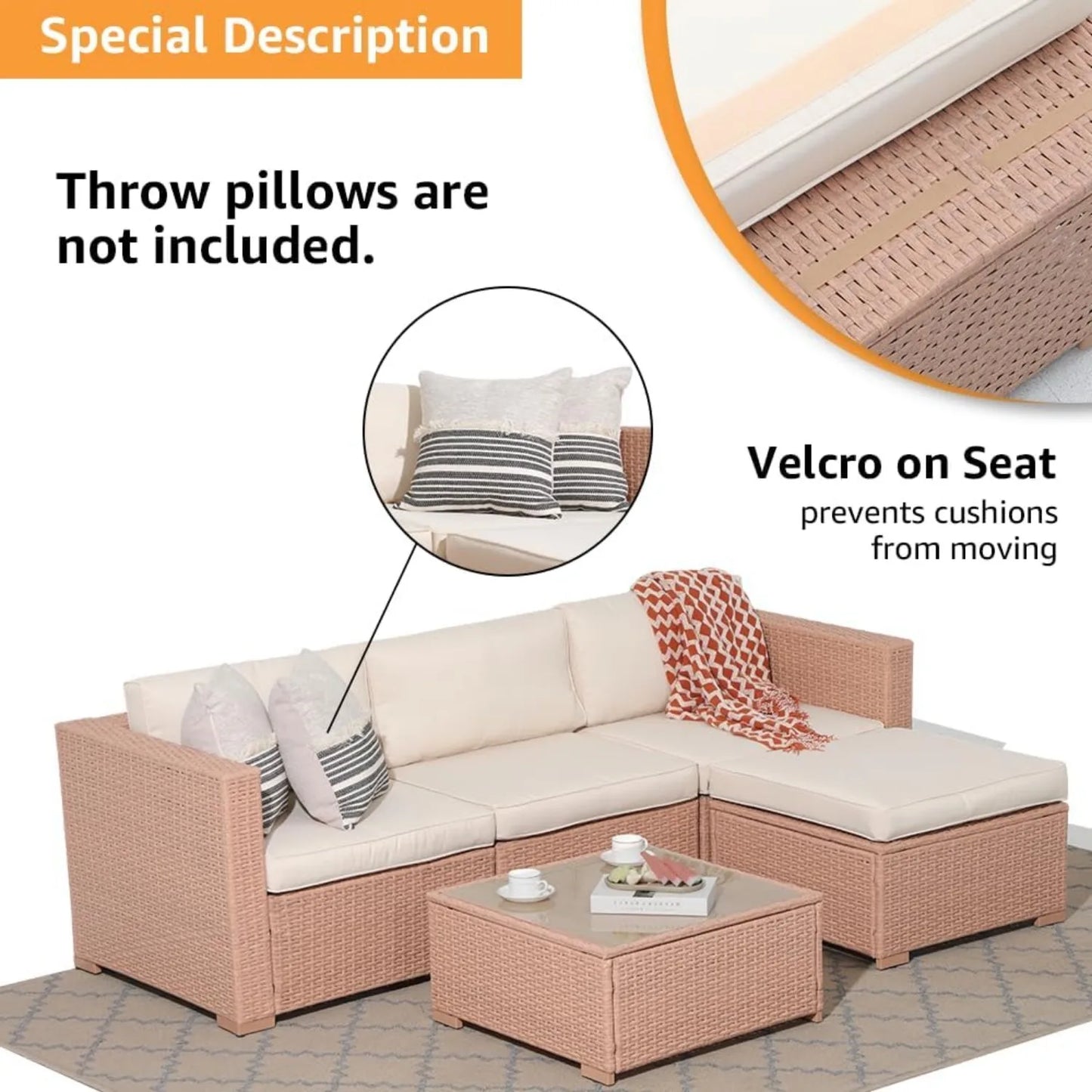 5 Piece Outdoor Patio Furniture Set, Creamy White PE Wicker with Cushy Seat Cushions, Ideal for Balcony, Garden, Patio