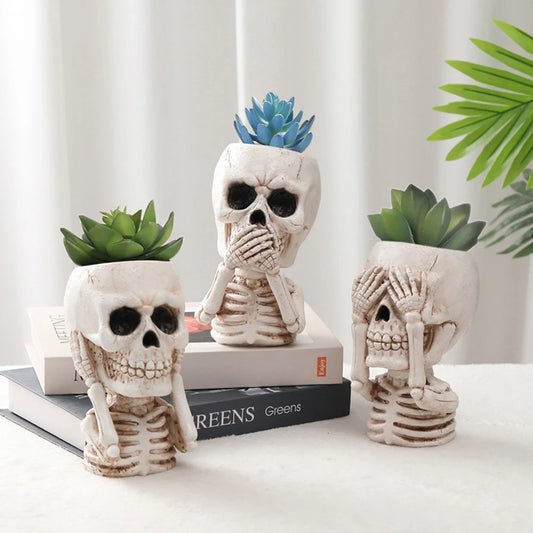 Skull Head Flower Pots Gothic Skeleton Planter Container Office Planter Succulent Plant Organizer Halloween Tabletop Ornament