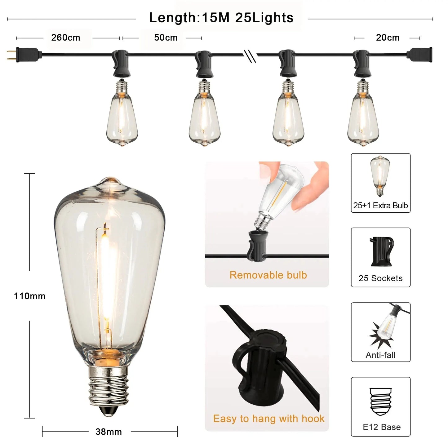 ST38 Outdoor Connectable String Lights - Shatterproof, Waterproof Plastic LED Bulbs, Dimmable Fairy Lights for Patio and Garden Decor
