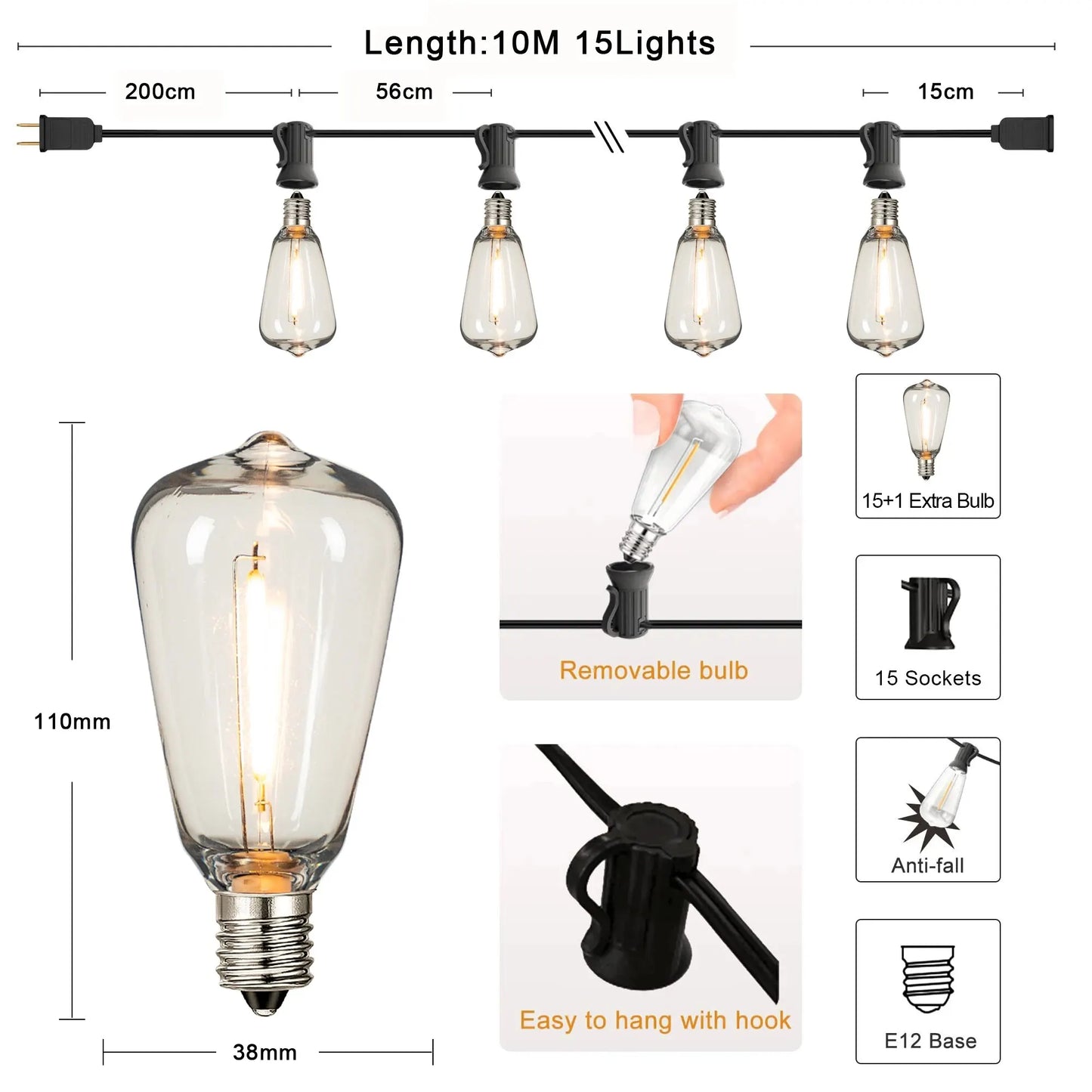 ST38 Outdoor Connectable String Lights - Shatterproof, Waterproof Plastic LED Bulbs, Dimmable Fairy Lights for Patio and Garden Decor