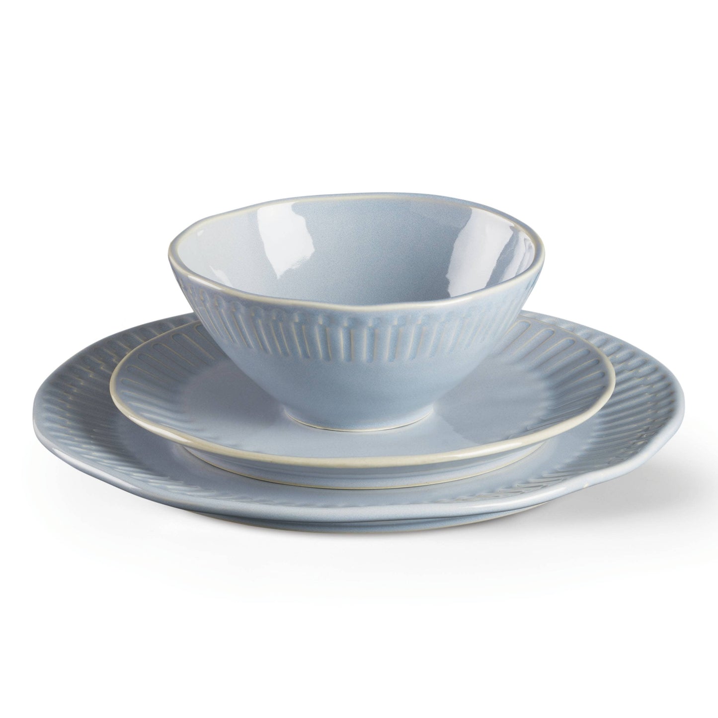 12-Piece Artisanal Blue Stripe Stoneware Tableware Set