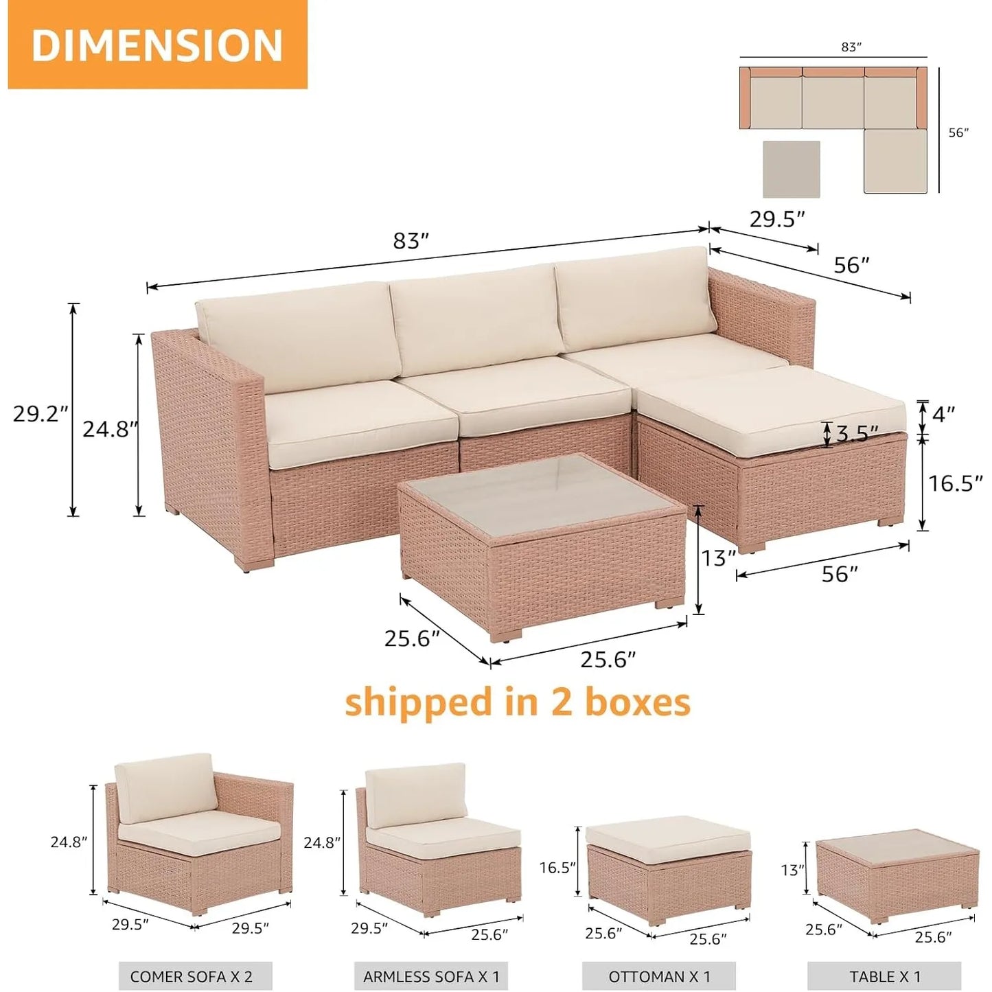 5 Piece Outdoor Patio Furniture Set, Creamy White PE Wicker with Cushy Seat Cushions, Ideal for Balcony, Garden, Patio