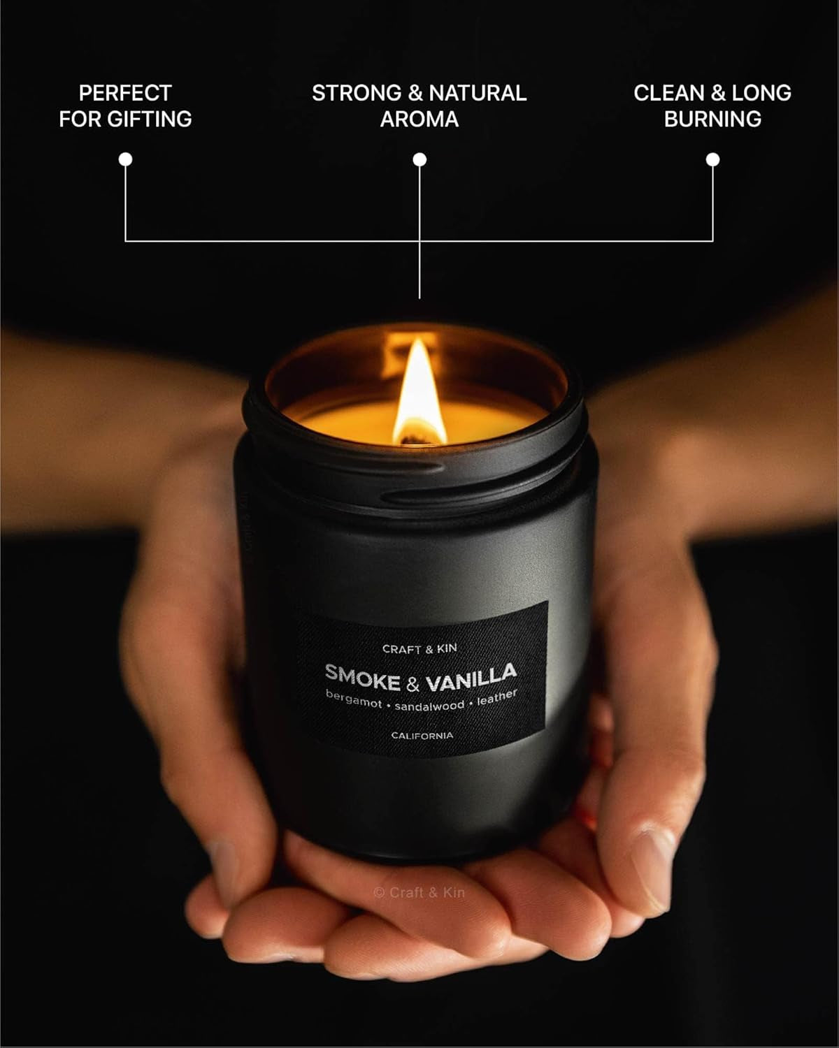 Premium Smoke & Vanilla Candle | Black Scented Candles for Men | Long Lasting with 45 Hour Burn Time, 7.6Oz | Made with Soy