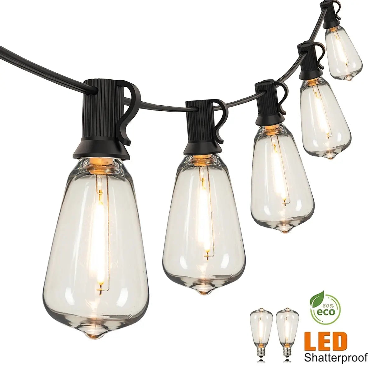 ST38 Outdoor Connectable String Lights - Shatterproof, Waterproof Plastic LED Bulbs, Dimmable Fairy Lights for Patio and Garden Decor