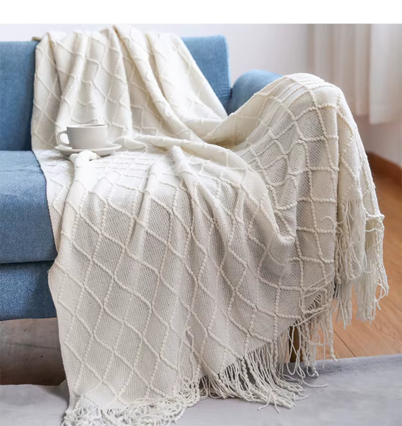 White Boho Knitted Throw Blankets