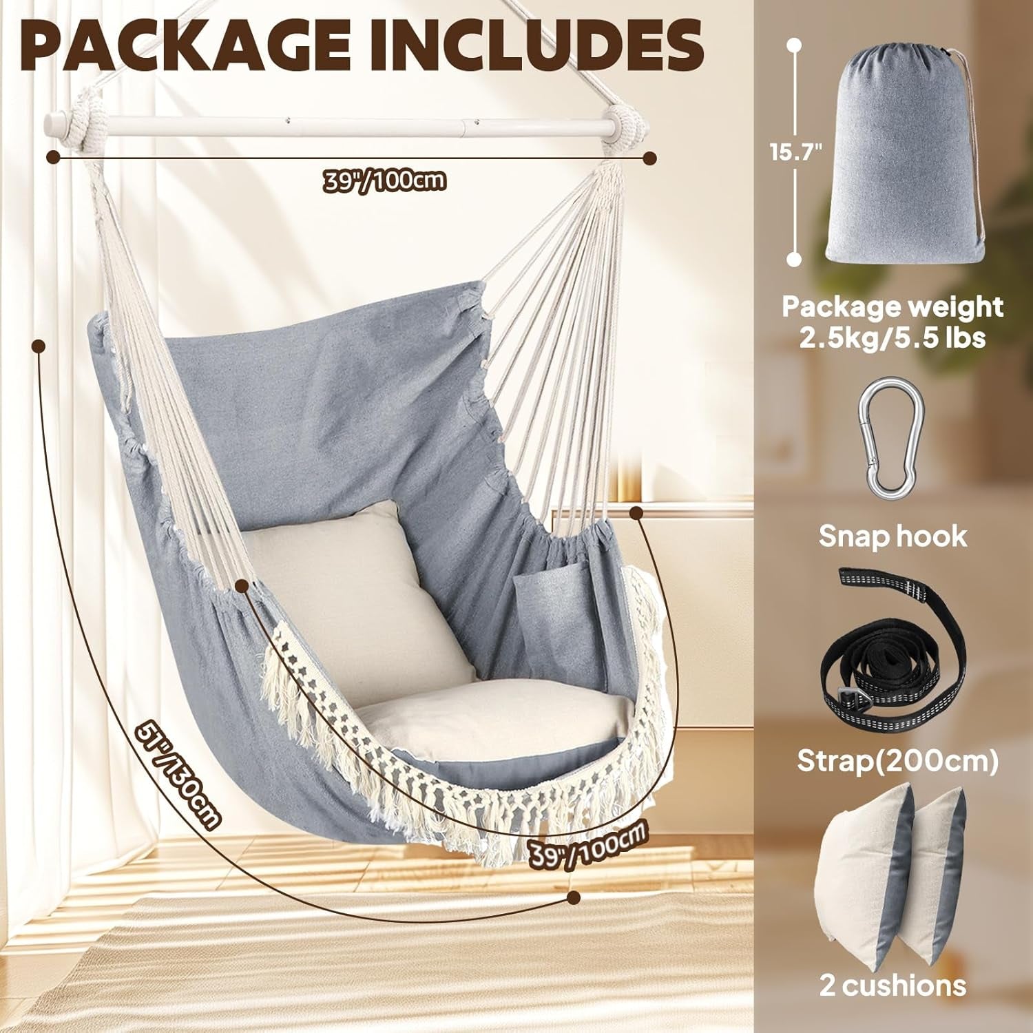 Hanging Hammock Chair Swing (Max 500 Lbs) *Cushions Included*