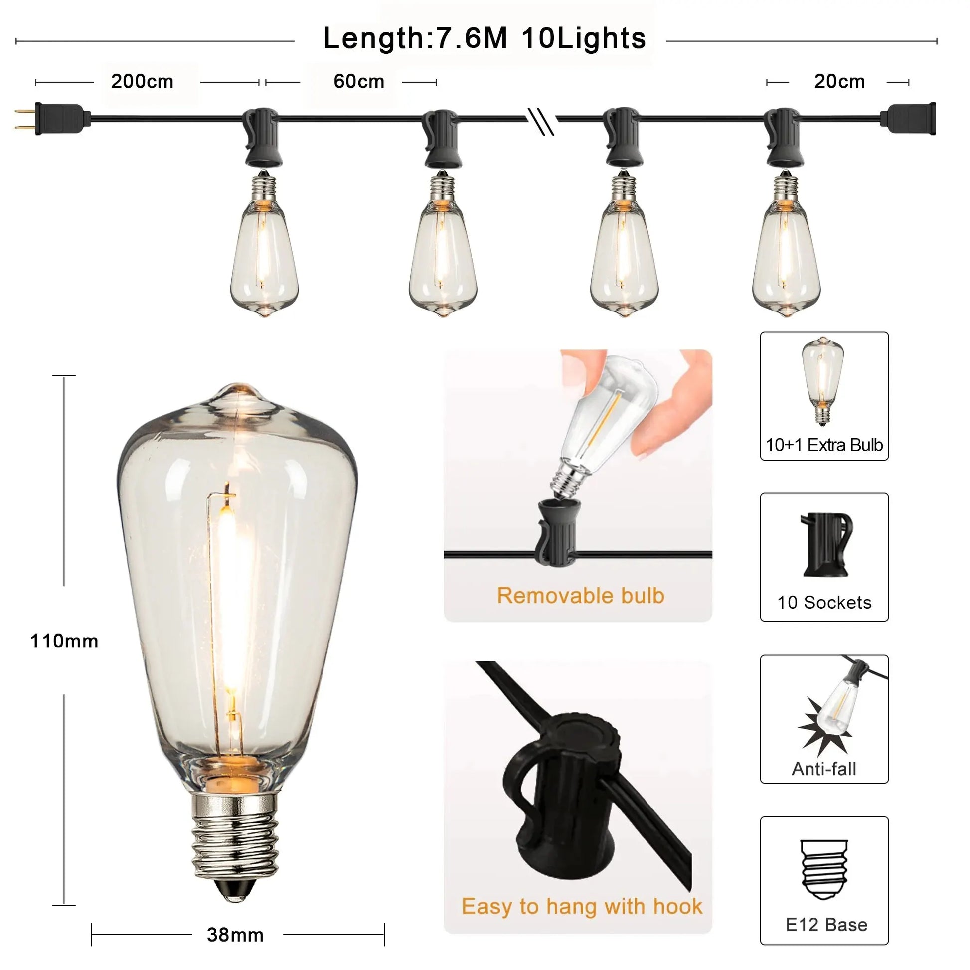 ST38 Outdoor Connectable String Lights - Shatterproof, Waterproof Plastic LED Bulbs, Dimmable Fairy Lights for Patio and Garden Decor