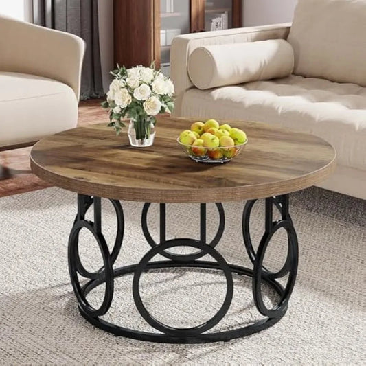 31.5-Inch round Coffee Table, Rustic Circle Coffee Table with Metal Base, Modern Wooden Accent Furniture, Industrial Design, Fo