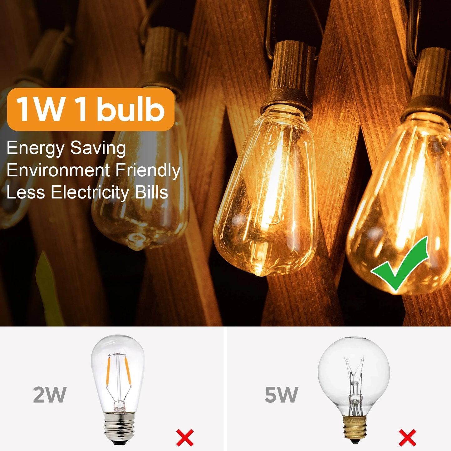 ST38 Outdoor Connectable String Lights - Shatterproof, Waterproof Plastic LED Bulbs, Dimmable Fairy Lights for Patio and Garden Decor