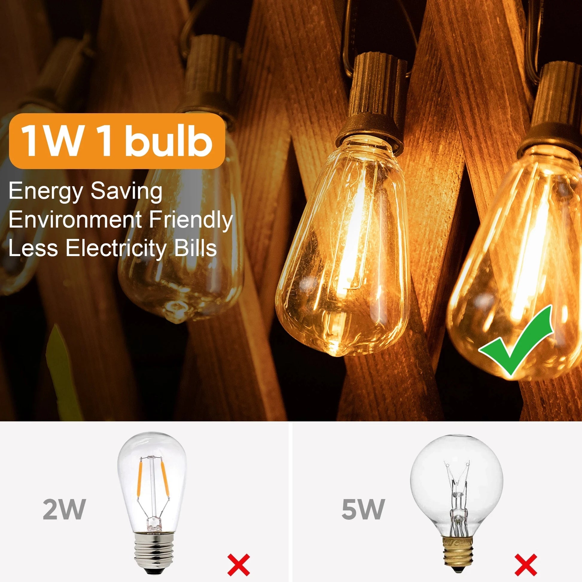 ST38 Outdoor Connectable String Lights - Shatterproof, Waterproof Plastic LED Bulbs, Dimmable Fairy Lights for Patio and Garden Decor