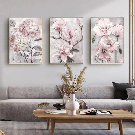 3Pcs Pink Flowers Posters Frameless Wall Art Canvas Prints Floral Nordic Paintings Home Decor Pictures for Living Room