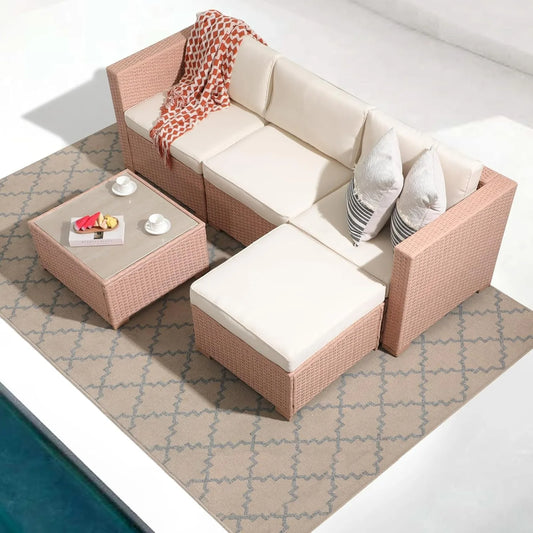 5 Piece Outdoor Patio Furniture Set, Creamy White PE Wicker with Cushy Seat Cushions, Ideal for Balcony, Garden, Patio